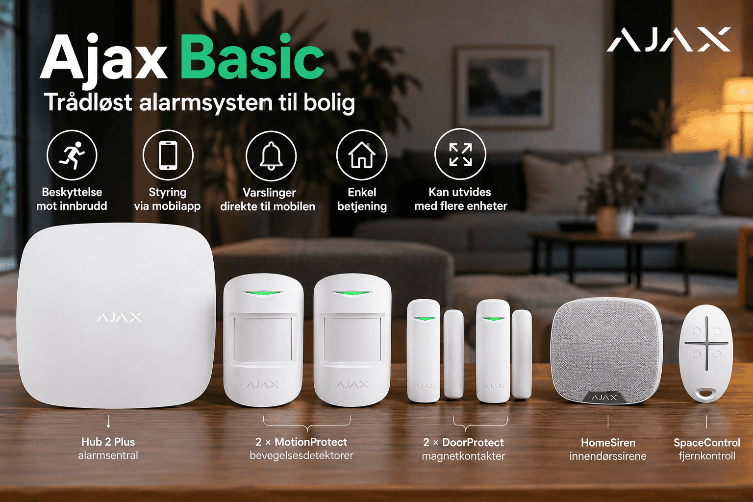 Ajax Basic trådløst alarmsystem med Hub 2 Plus, bevegelsesdetektorer, magnetkontakter, sirene og fjernkontroll