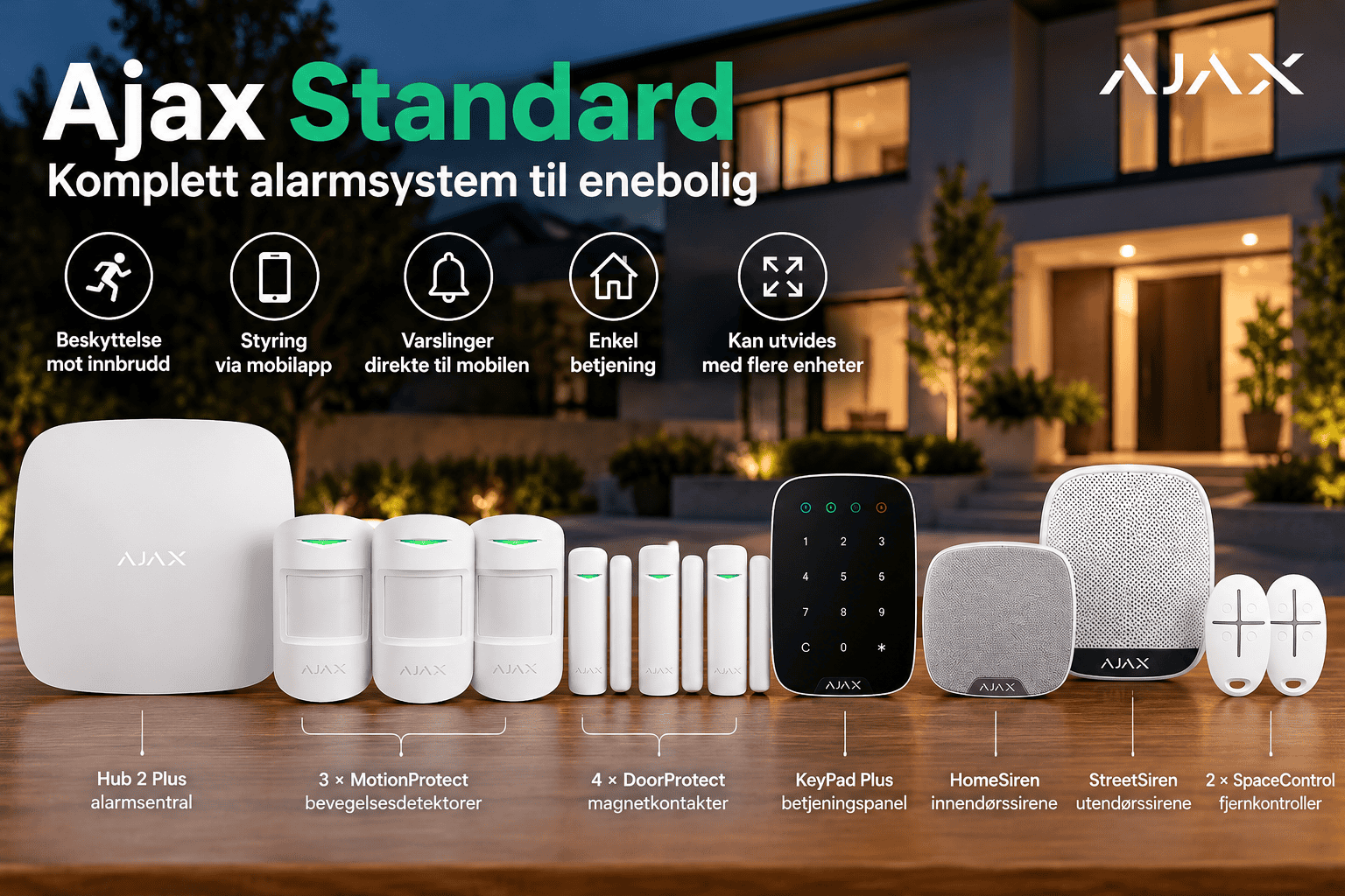 Ajax Standard trådløst alarmsystem med Hub 2 Plus, bevegelsesdetektorer, magnetkontakter, betjeningspanel og sirener