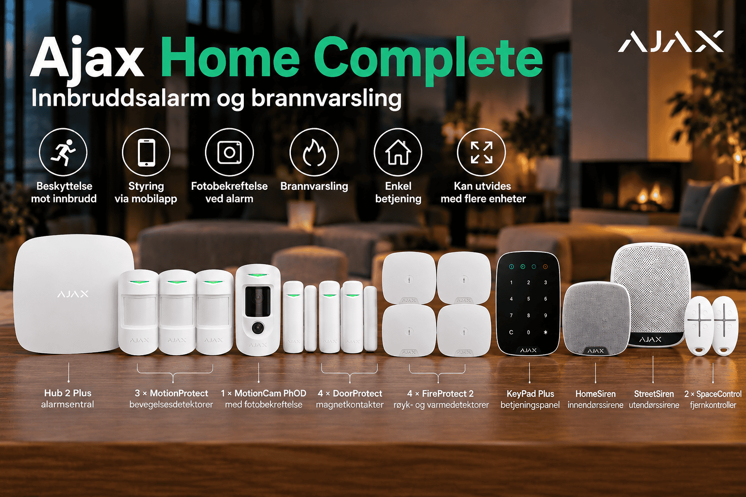 Ajax Home Complete trådløst alarmsystem med innbruddsalarm, røyk- og varmedetektorer, MotionCam PhOD og sirener