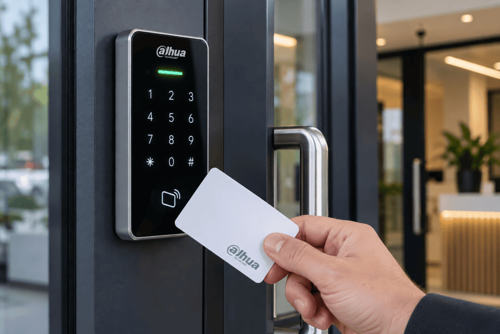 Dahua adgangskontroll – profesjonell adgangsstyring Dahua adgangskontroll med kodepanel og RFID-kortleser montert på inngangsdør – Telekom Ekspert AS