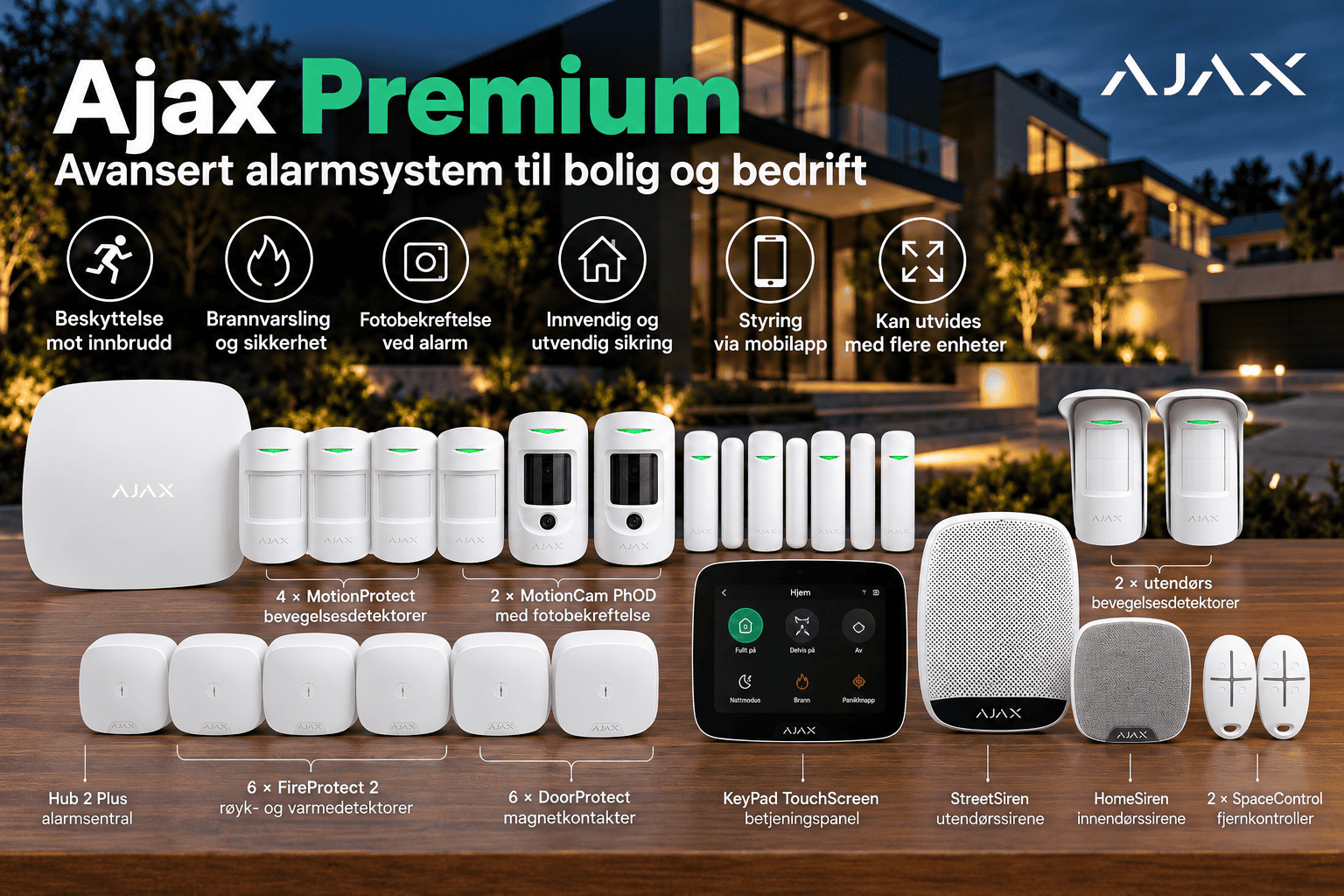 Ajax Premium trådløst alarmsystem for bolig og bedrift med bevegelsesdetektorer, brannvarsling, fotobekreftelse og utendørs sikring