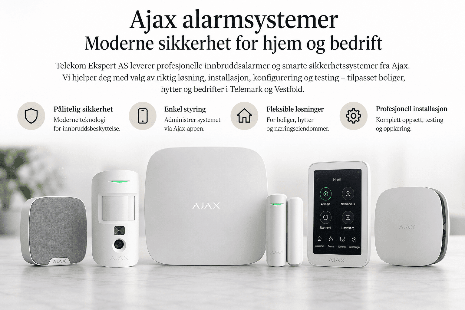 Ajax alarmsystem med sentralenhet, bevegelsesdetektor, dørsensor, betjeningspanel og sirene – Telekom Ekspert AS